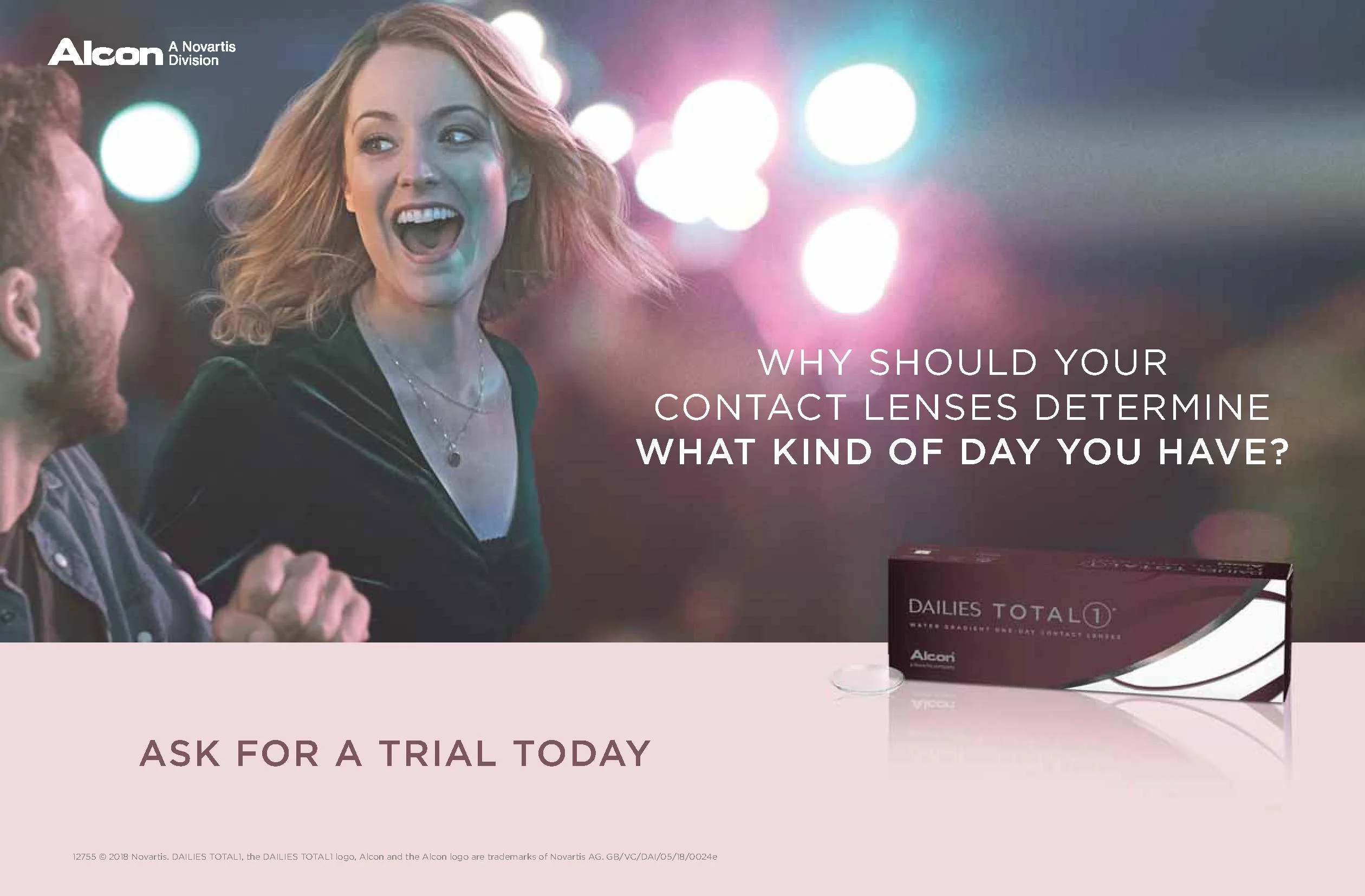 Image shows happy woman and a box of contact lenses