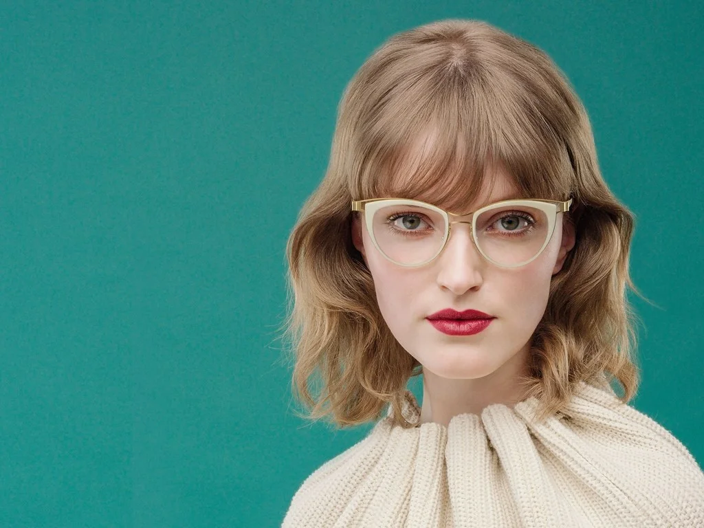 Image of female wearing cream and gold glasses